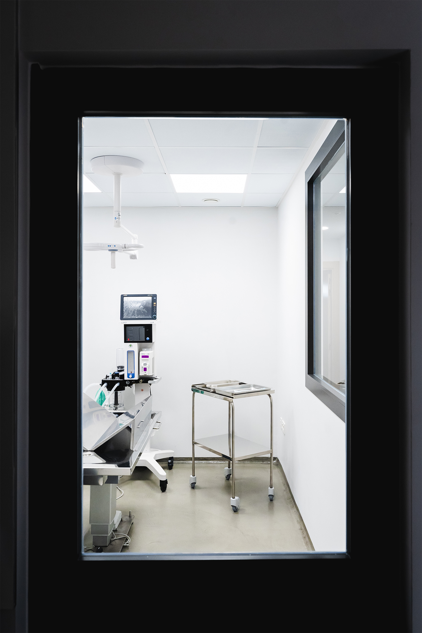 Vista hacia el interior de la sala de exploración a través del marco de una puerta negra